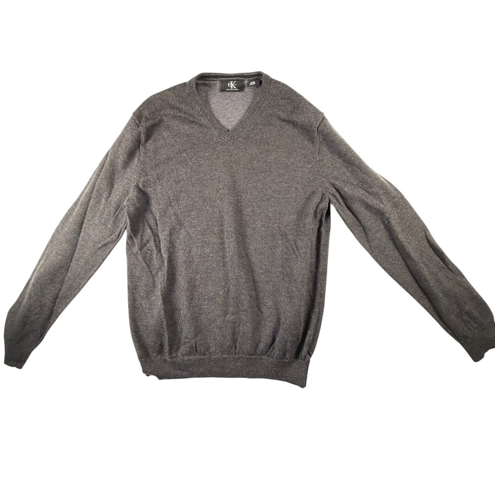 Calvin Klein Sweater Mens Medium‎ Grey Excellent Merino Wool V-Neck RN36543
